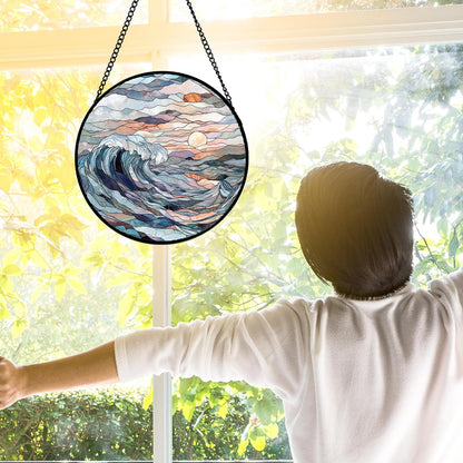 Stained Glass Window Hanging, Sunrise Waves Sun Catchers Diamond Glass Panel Hangings Abstract