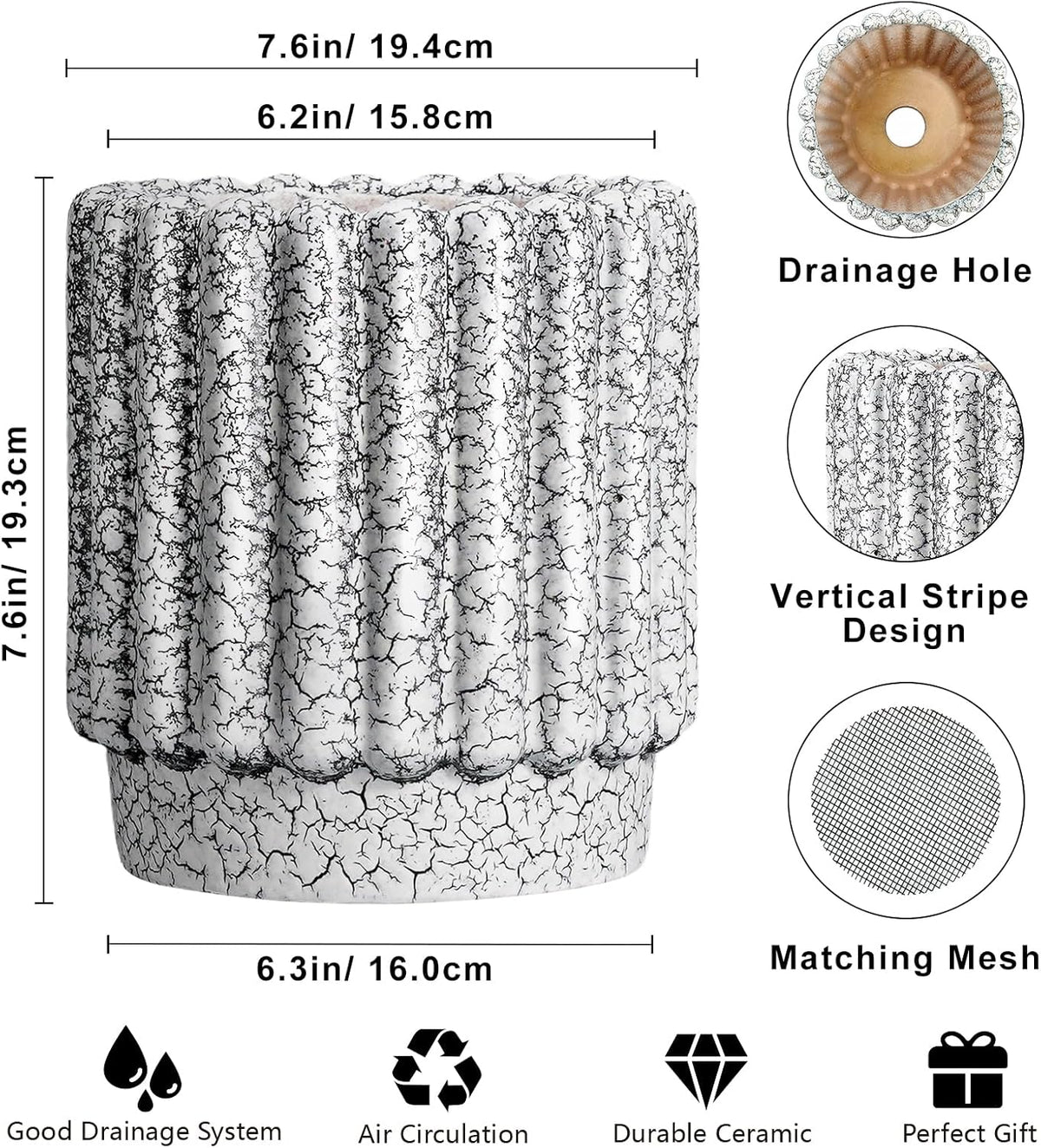 Ceramic Pots for Plants - 7.6 Inch Ceramic Planter with Drainage Hole, Round Flower Pots for Indoor