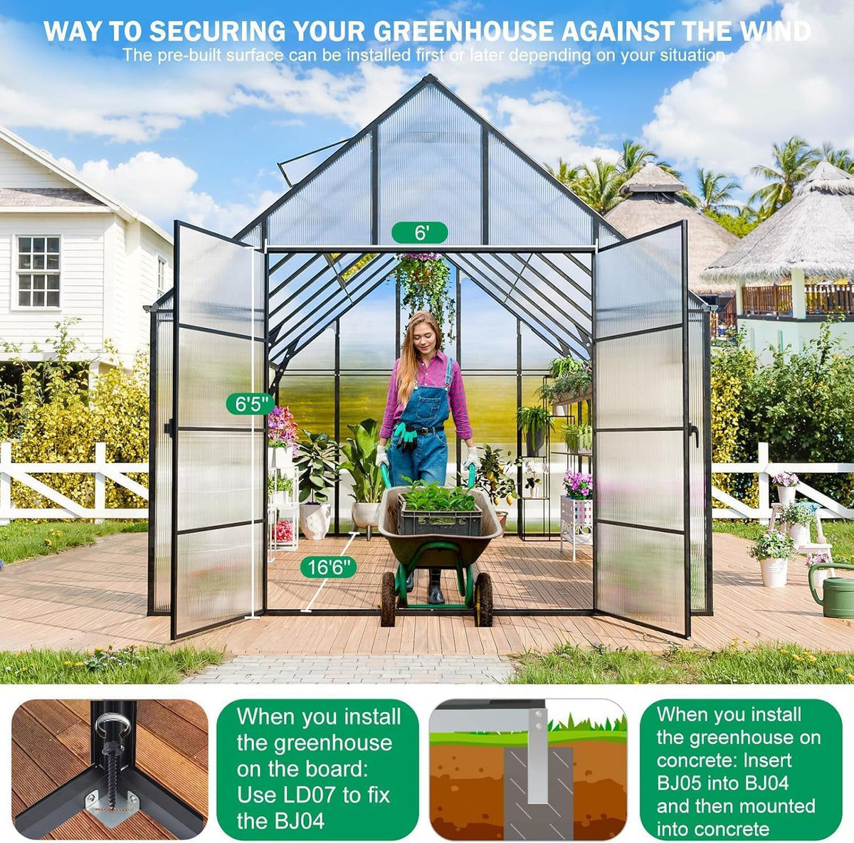 CDCASA 10x16x10 FT Greenhouse for Outdoors, Large Thicker Aluminum Polycarbonate Greenhouses w/3