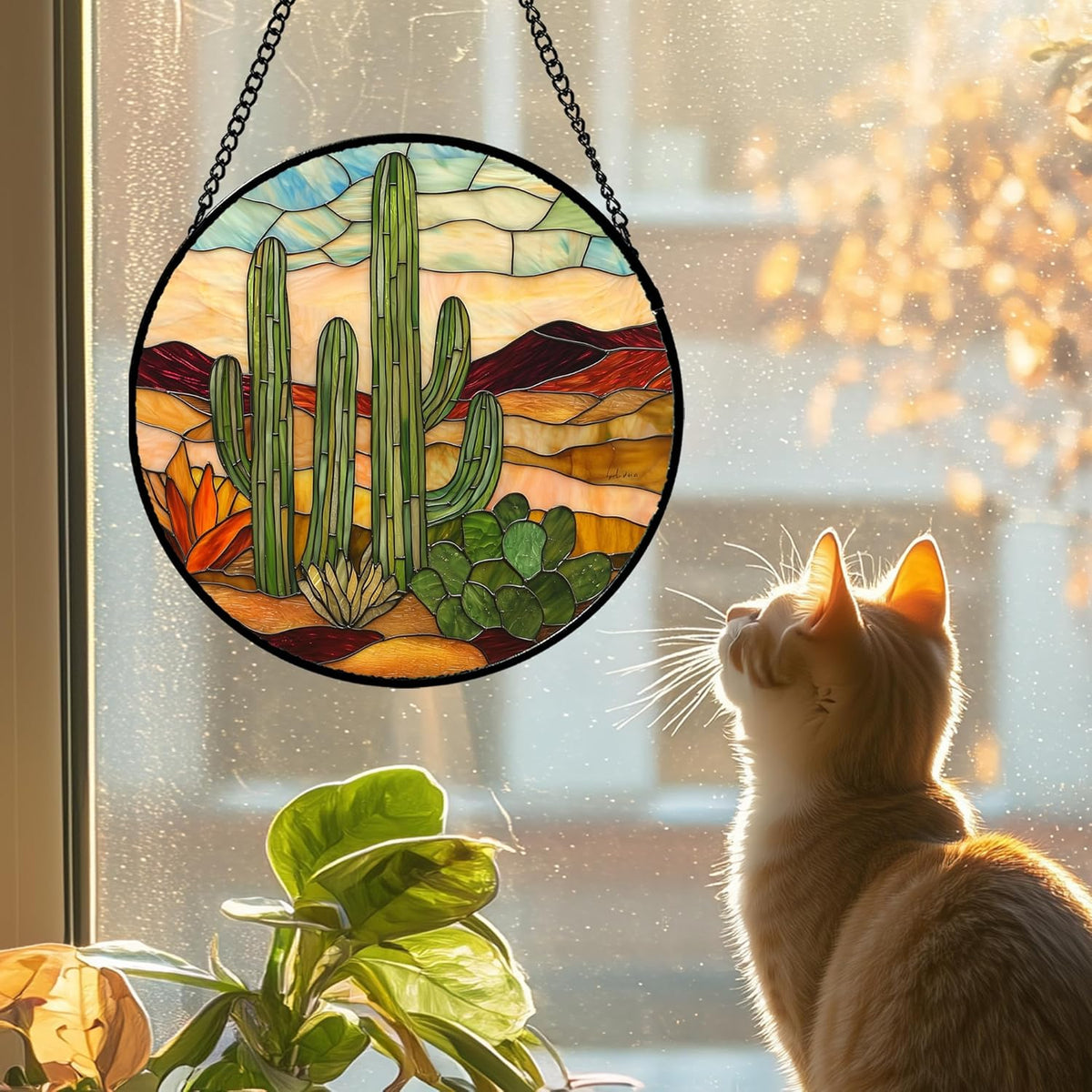 Stained Glass Window Hanging, Green Cactus Sun Catcher for Door Terrace Garden Home Decor, Abstract