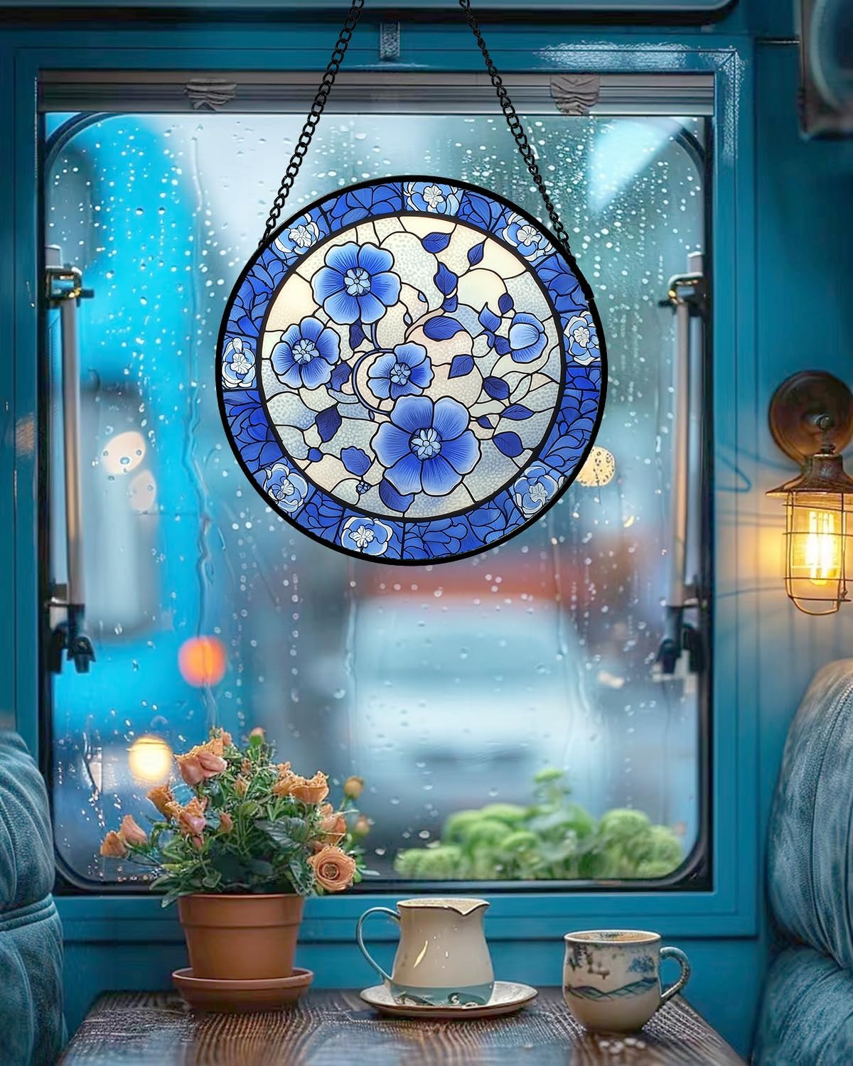 Stained Glass Window Hanging, Blue and White Plum Blossom Sun Catcher for Door Home Decor Flowers
