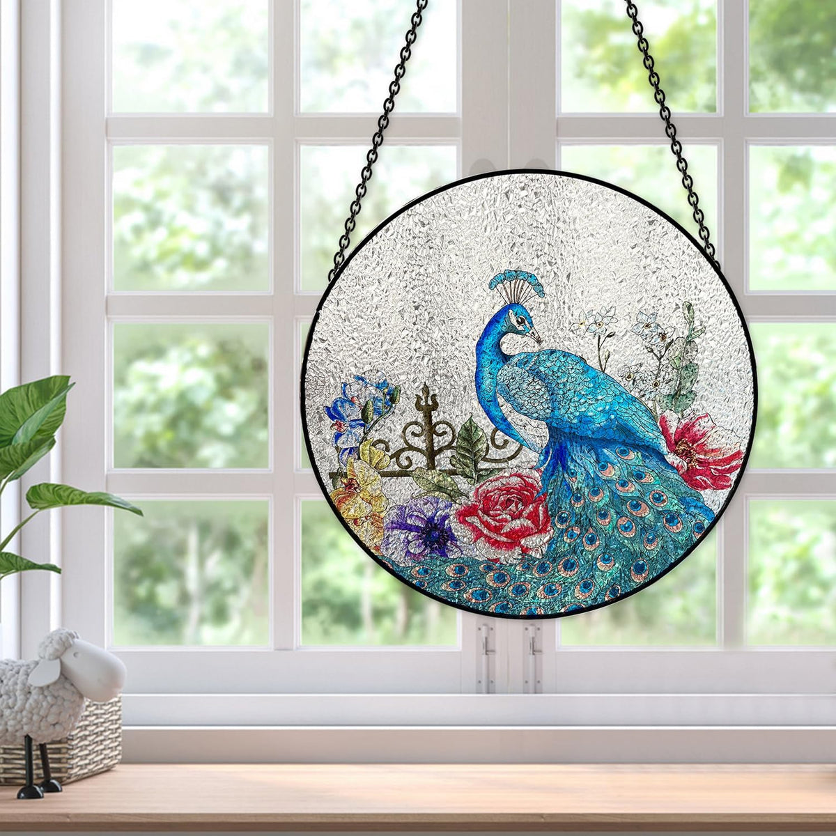 Peacock Hanging Stained Glass for Windows,20cm/7.87inch Stained Glass Suncatcher Garden Hangings