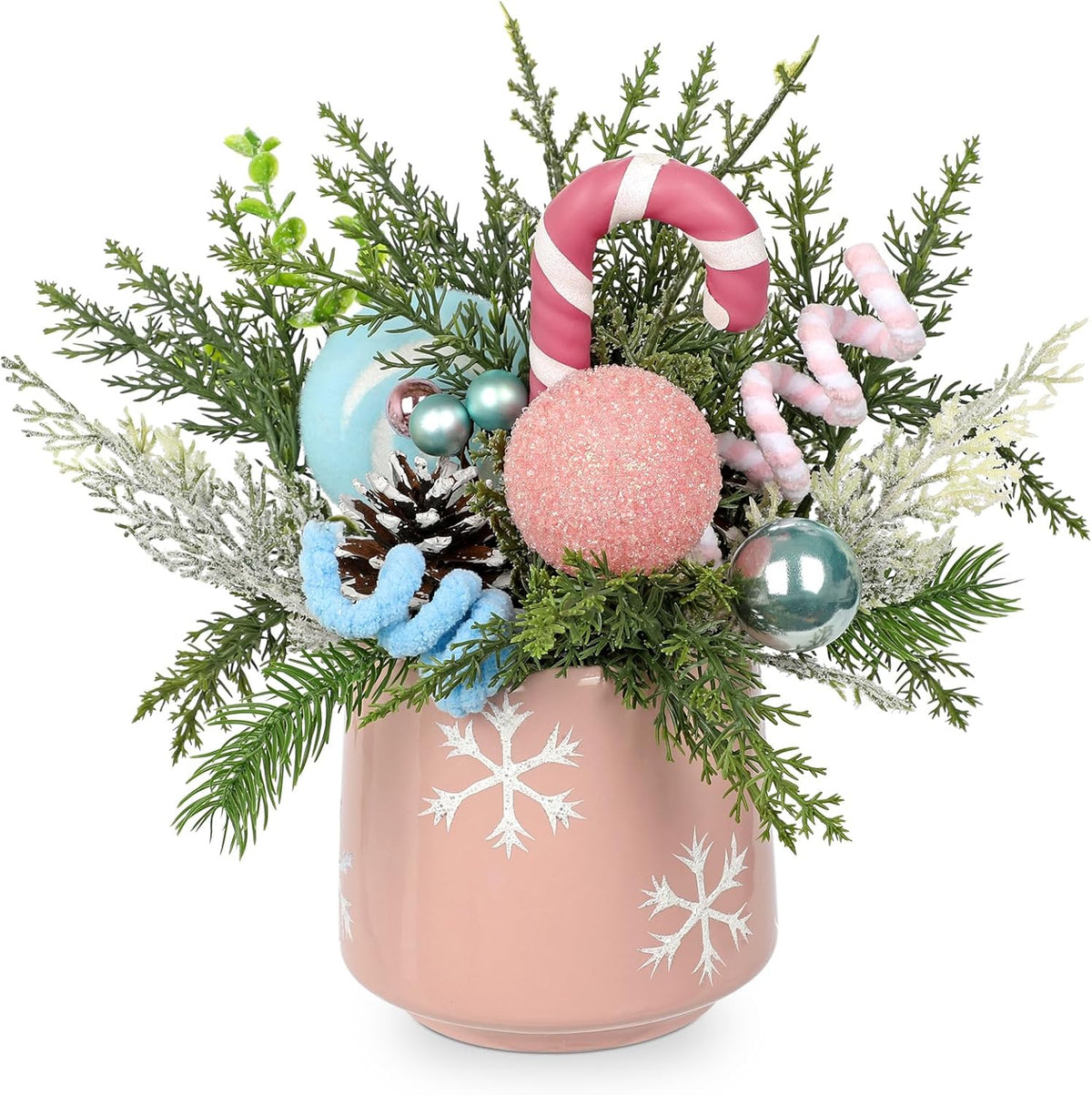 Christmas Centerpieces for Tables, Small Christmas Table Arrangements with Ceramic Vase Pink & Blue
