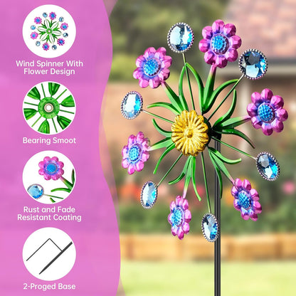 Purple Flowers Outdoor Wind Spinner, 36" Metal Wind Sculpture with Stake, Wind Spinners for Yard