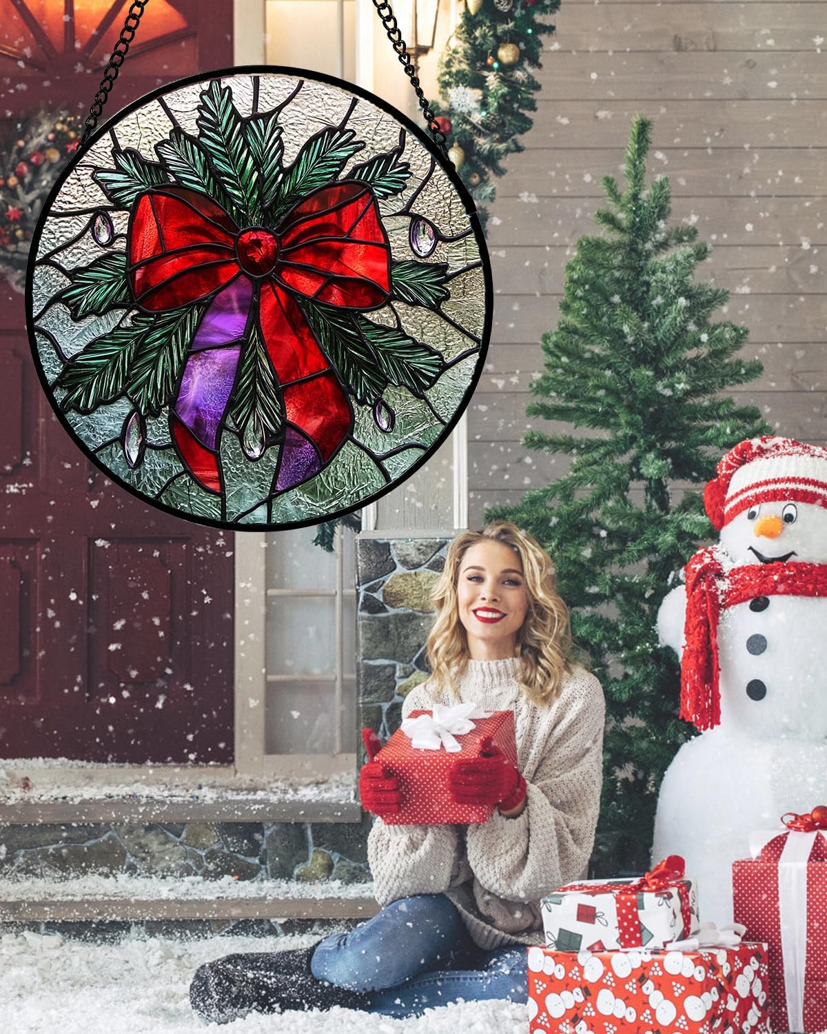 Stained Glass Window Hanging - Purple Gem Christmas Wreath Suncatcher for Doors Home Christmas