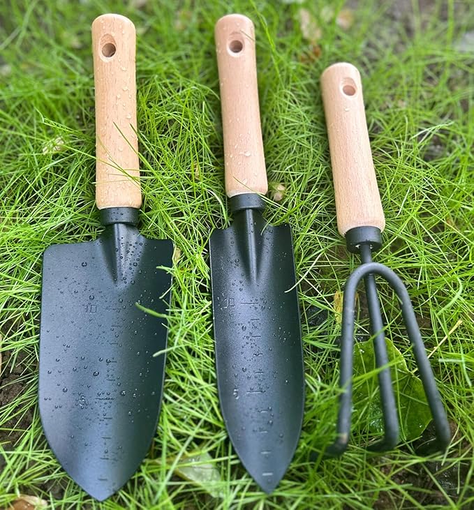 3 Pieces Garden Tools Set-Garden Rake Trowel, Gardening Tools with Wood Handle,Iron Crafts