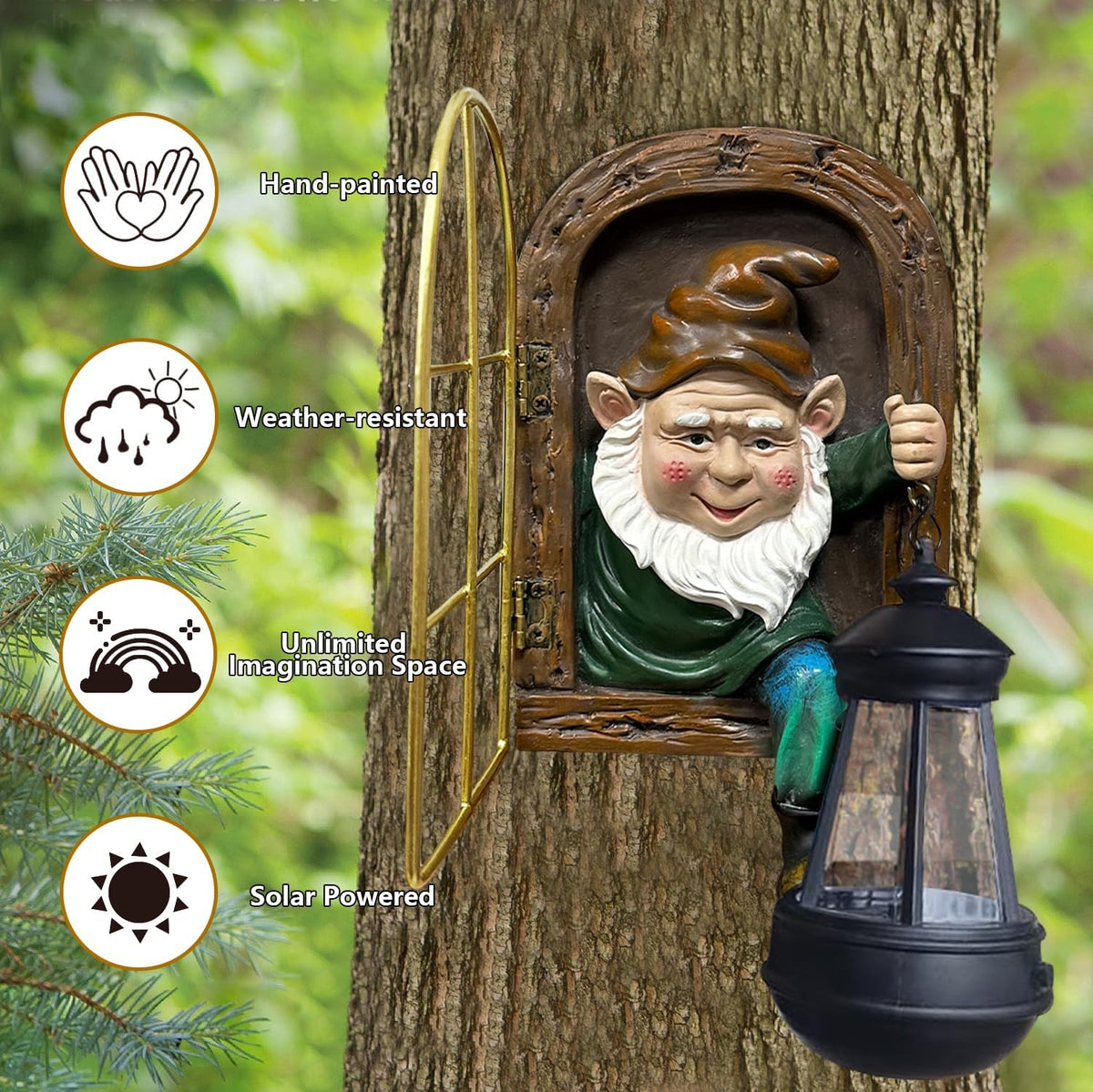 Fairy Garden Statues Gnomes Solar Lantern - Halloween Elf Out The Door Tree Hugger Figurines Fence