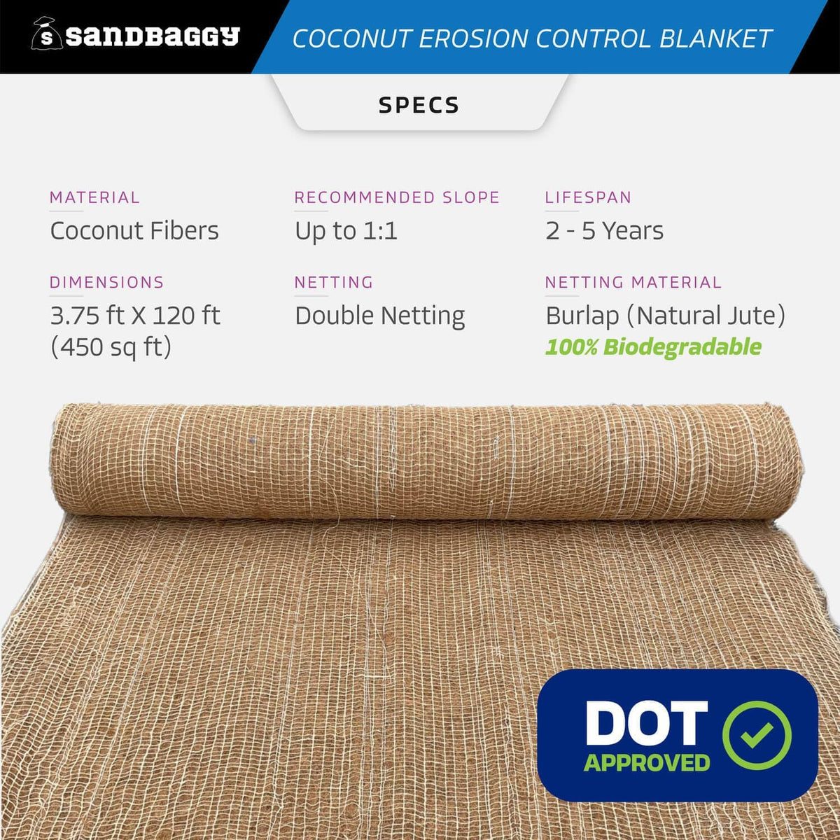Sandbaggy Coconut Erosion Control Blanket – 3.75 ft x 120 ft Coir Mat for Soil Retention, Slope