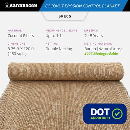 Sandbaggy Coconut Erosion Control Blanket – 3.75 ft x 120 ft Coir Mat for Soil Retention, Slope