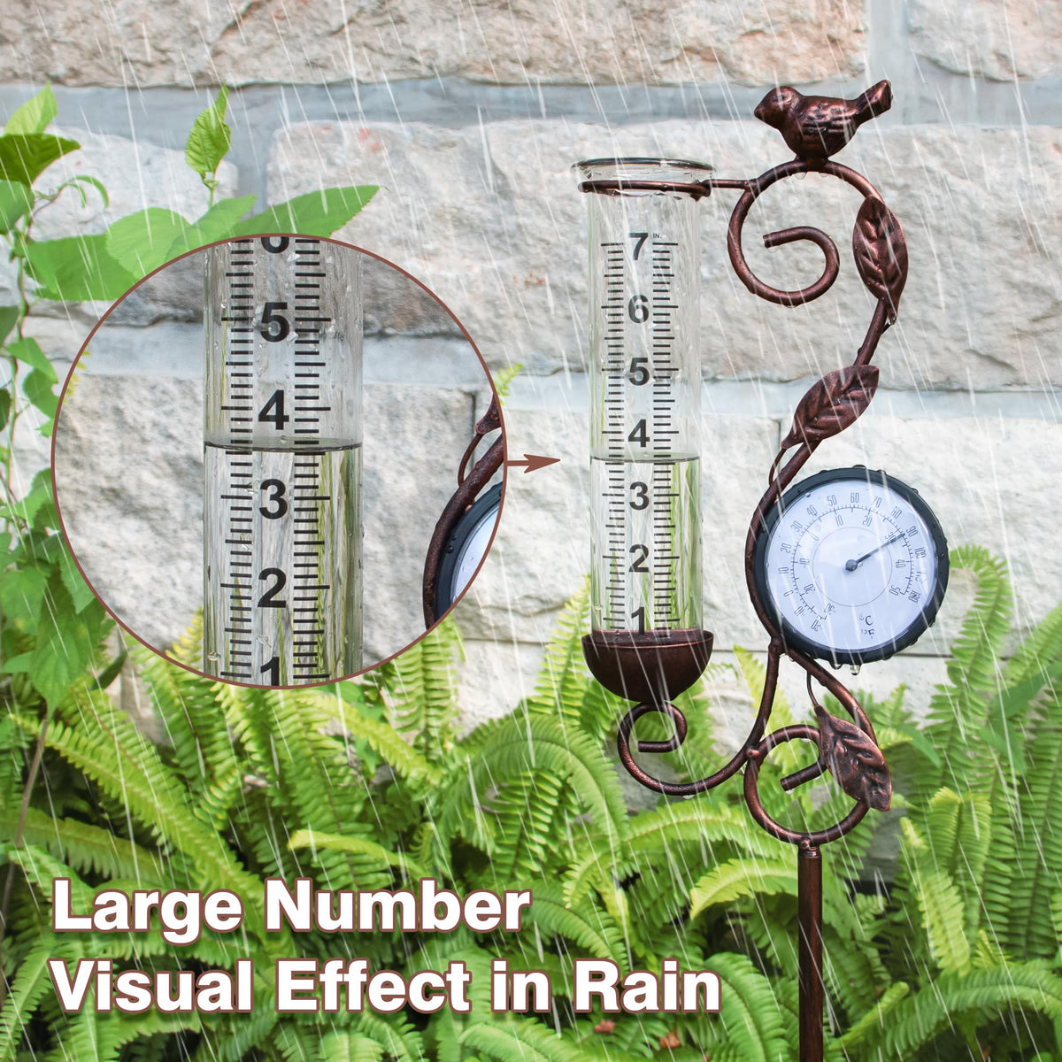 32" Garden Rain Gauge with Thermometer - 7" Glass Tube for Outdoor Indoor Use, Patio Yard Decor