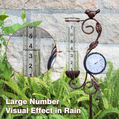 32" Garden Rain Gauge with Thermometer - 7" Glass Tube for Outdoor Indoor Use, Patio Yard Decor