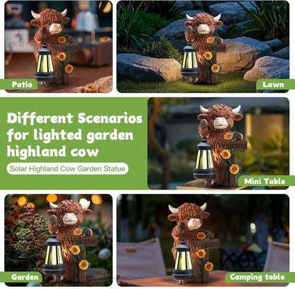 Solar Highland Cow Garden Decor - Outdoor Waterproof Resin Statues with LED Lights, Solar Patio