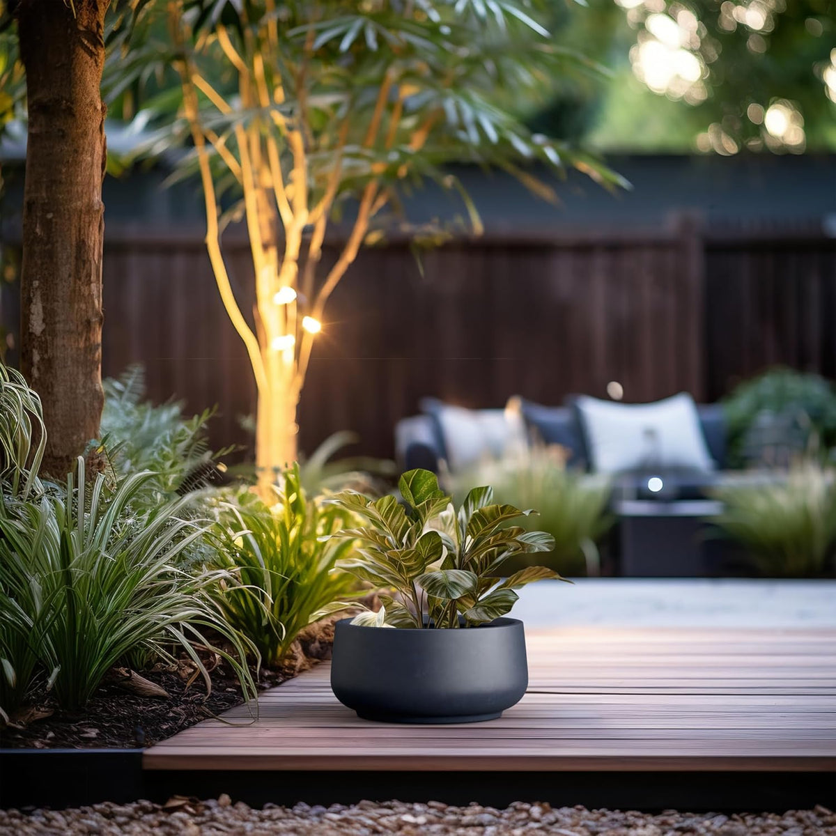 Kante 13.4" Dia Round Curvy Concrete Planter, Large Plant Pots with Drainage Hole and Rubber Plug