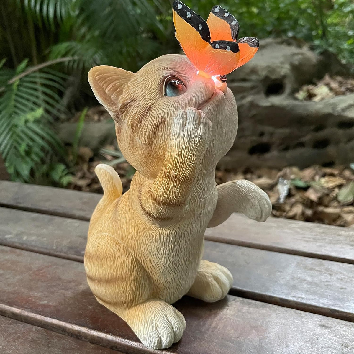Garden Decor Solar Cat Figurines Cat Lover Gifts with LED Butterfly Lights for Indoor Outdoor Decor