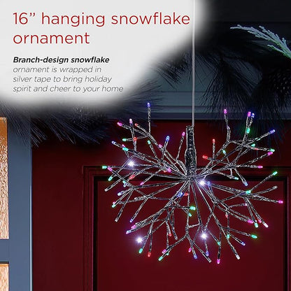 Alpine Corporation 16"H Indoor Holiday 3D Snowflake Hanging Ornament with LED Lights, Silver