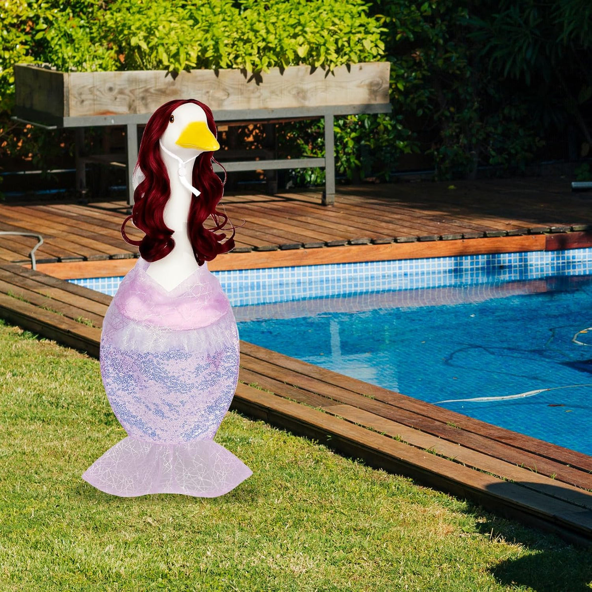 Mermaid Porch Goose Outfits with Red Wigs Colorful Mermaid Goose Costume for 23" Cute Porch Geese