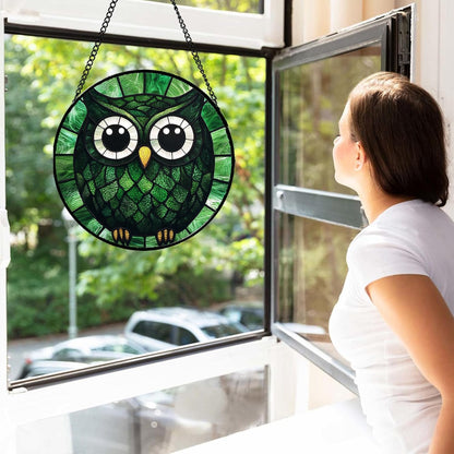 Stained Glass Window Hanging - Green Owl Suncatcher for Doors Garden Patio Funny Bird Sun Catchers
