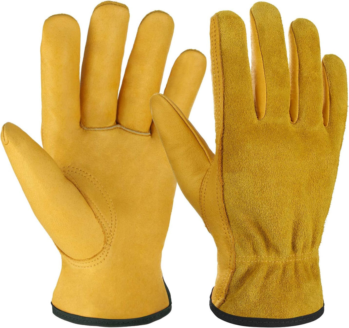 OZERO Leather Work Gloves Flex Grip Tough Cowhide Gardening Glove for Wood