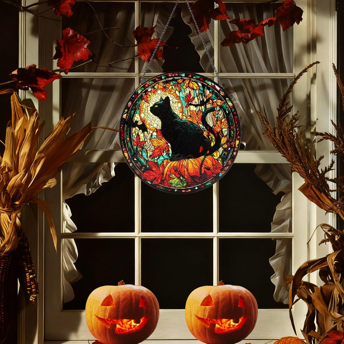 Stained Glass Window Hanging, Halloween Decorations Black Cat Maple Leaf Suncatcher for Doors