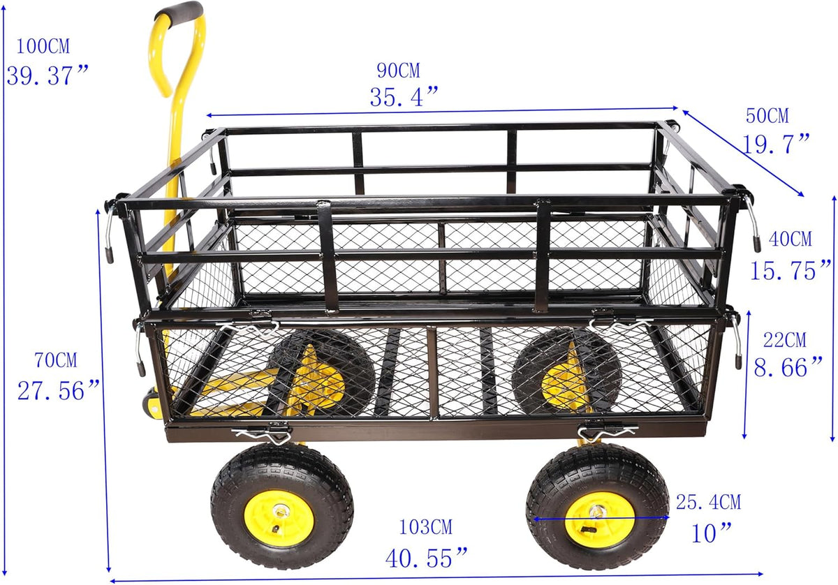 Heavy Duty Garden Wagon with Foldable Sides, Pneumatic Tires, Adjustable Handle (Yellow + Black