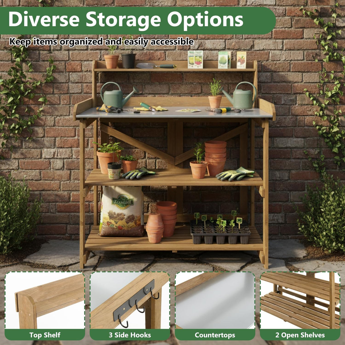 Garden Potting Bench Table Wooden Horticulture Outdoor Planting Work Bench with Metal