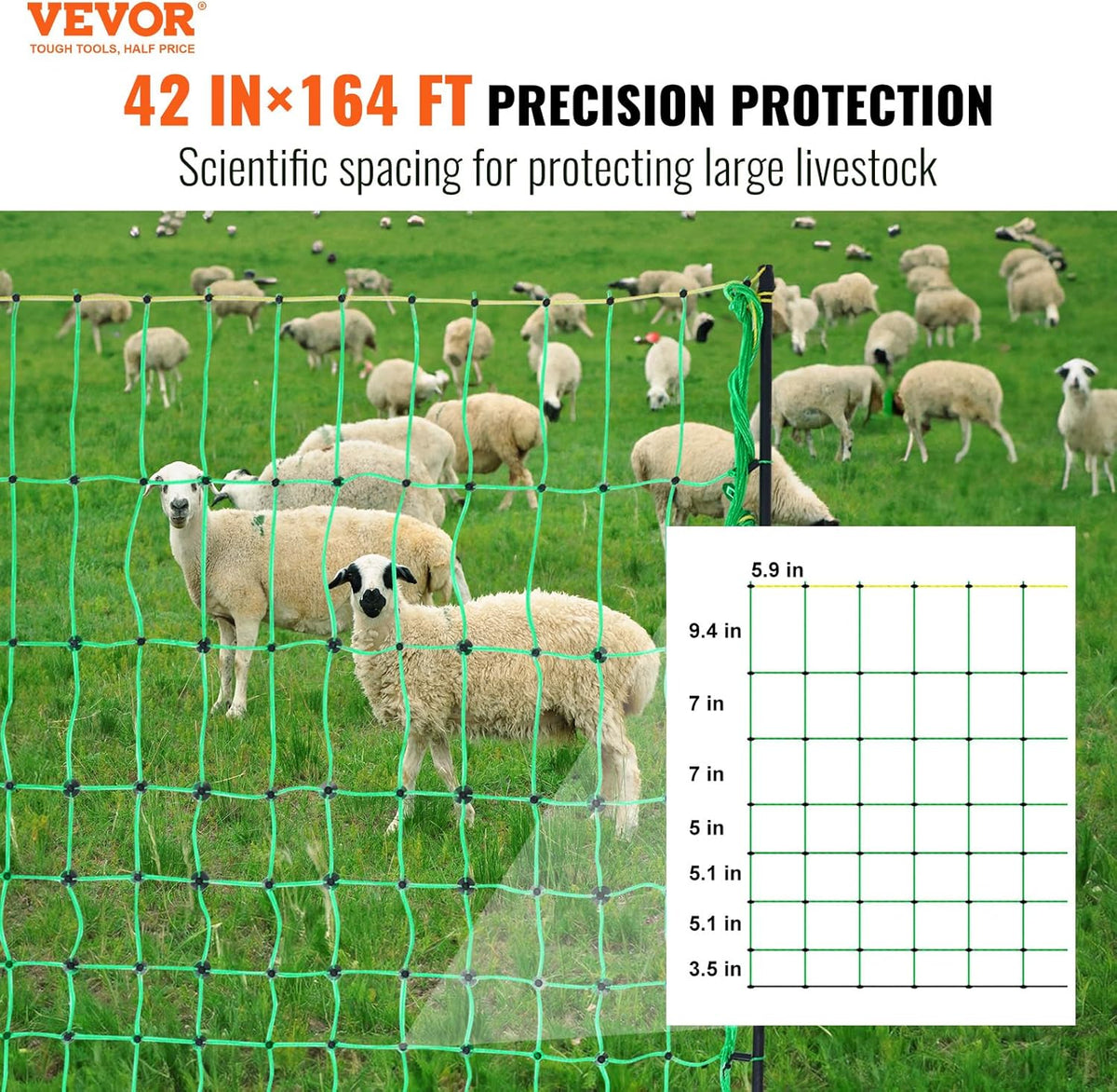 VEVOR Electric Fence Netting, 42"H x 164'L, PE Net Fencing with Posts and Double-Spiked Stakes