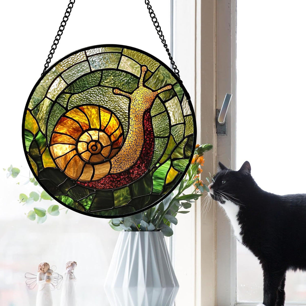 Stained Glass Window Hanging, Green Orange Snail Sun Catcher for Door Home Decor Suncatcher