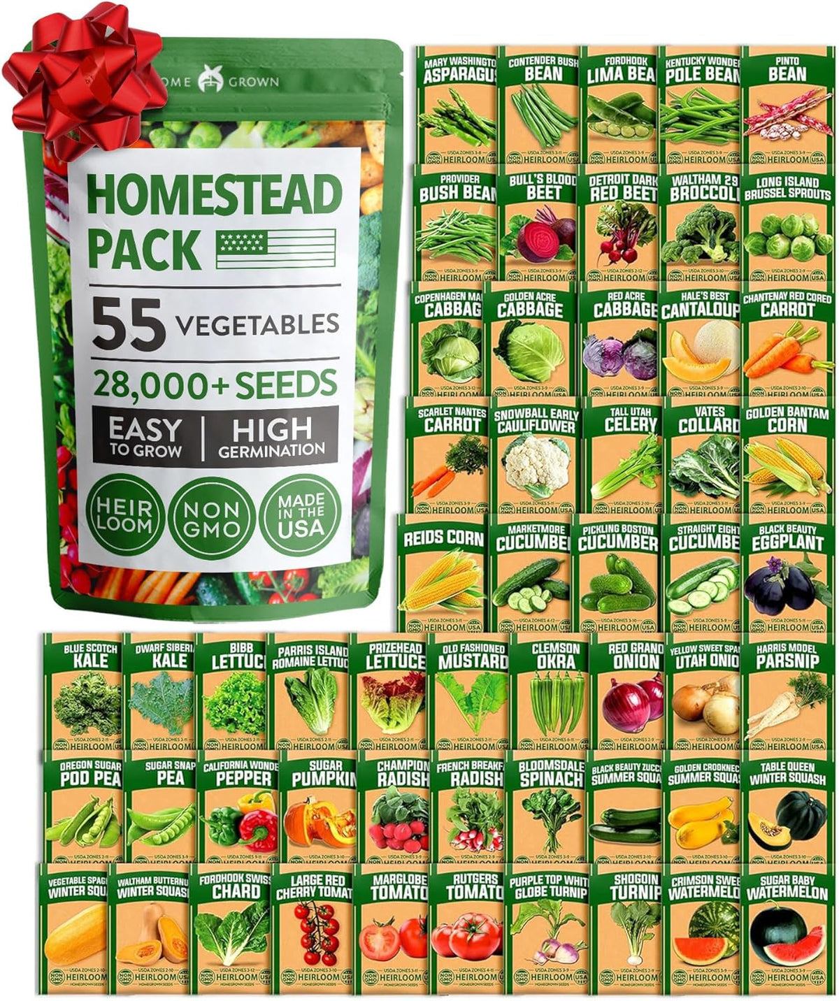 HOME GROWN 𝗨𝗦𝗔 𝗣𝗥𝗘𝗠𝗜𝗨𝗠 55 Vegetable Seeds Pack 28,000+ Non-GMO Heirloom Seeds for