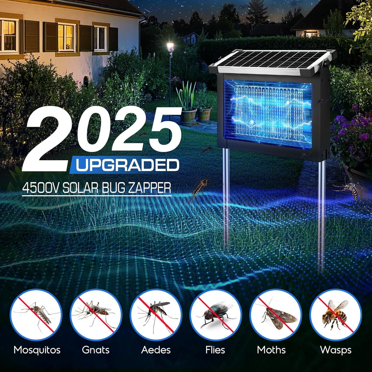 Solar Bug Zapper Outdoor Waterproof, Jepwe 4500V Cordless Bug Zapper Outdoor Large, Rechargeable