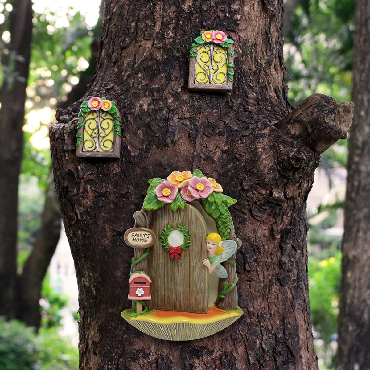 Fairy Door and Windows Garden Kit Accessories Outdoor, Glow in Dark Gnome House for Tree, Lawn Yard