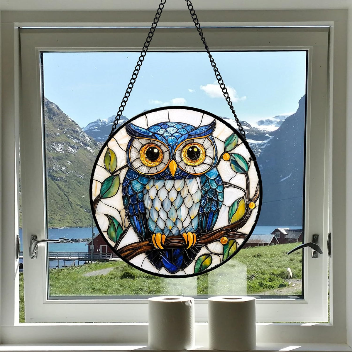 Stained Glass Window Hanging, Owl Gifts for Women Sun Catchers Diamond Glass Panel Hangings Birds