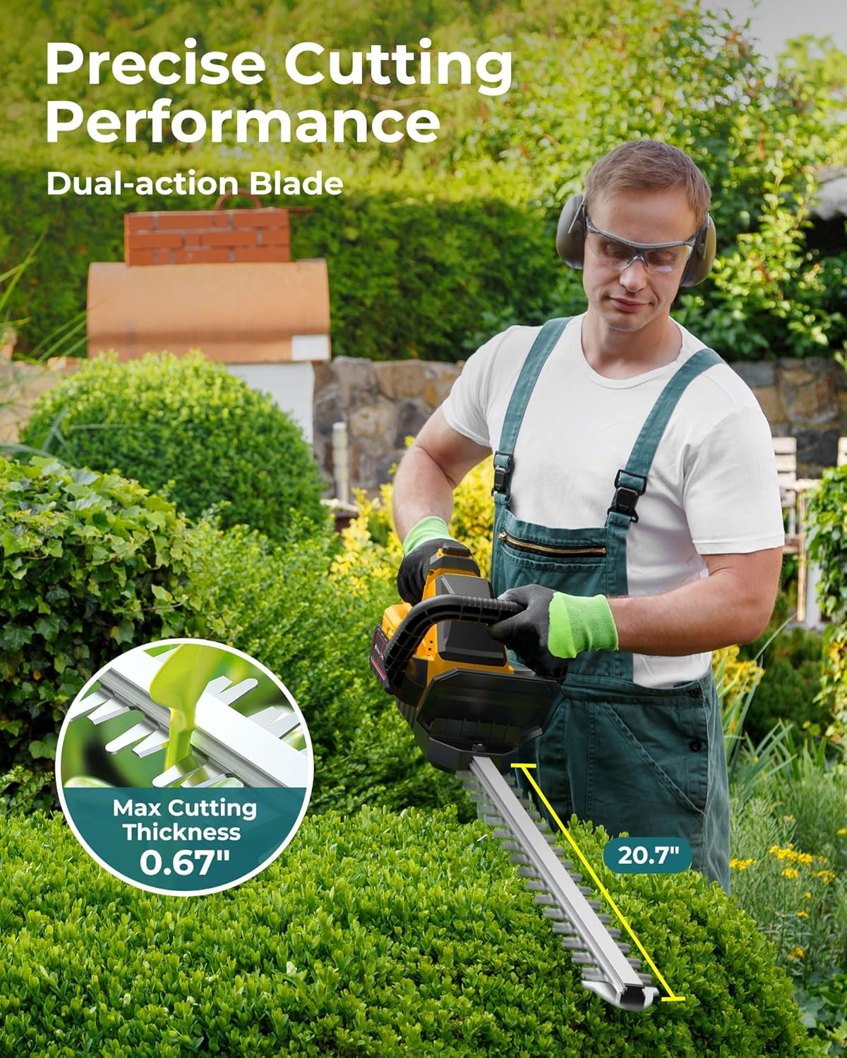 20'' Hedge Trimmer Cordless with 2pcs 4000mAh Battery, Electric Handheld Bush Clipper with