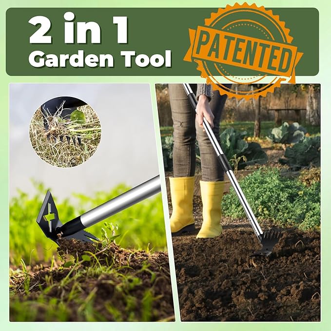 Weed Puller Tool with Long Handle - 60" Manual Weeder Remover Tool, 2 in 1 Hand Weed Rake and