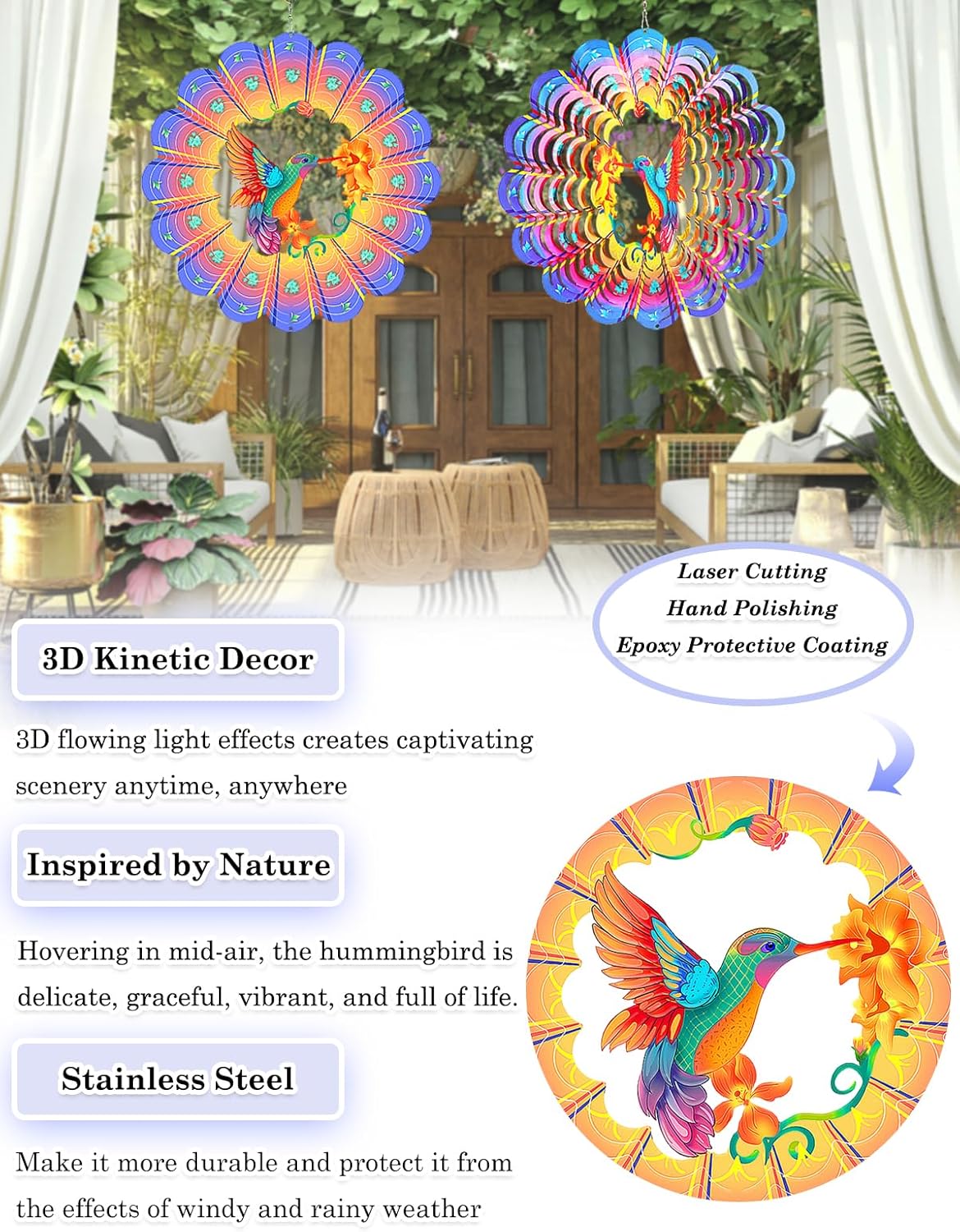Hummingbird Wind Spinner-3D Metal Hanging Wind Spinners, Perfect Ornament Gifts for Women/Men, 12