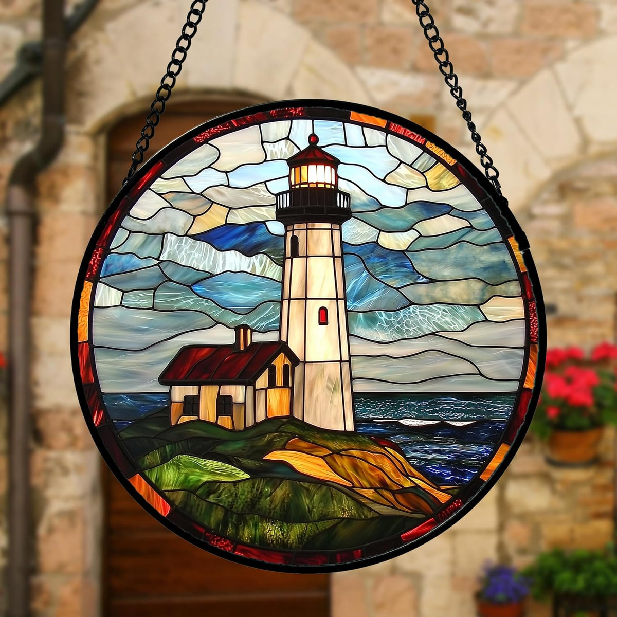 Stained Glass Window Hanging, Ocean Lighthouse Sun Catchers Glass Panel Blue Green Suncatcher Decor