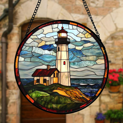 Stained Glass Window Hanging, Ocean Lighthouse Sun Catchers Glass Panel Blue Green Suncatcher Decor
