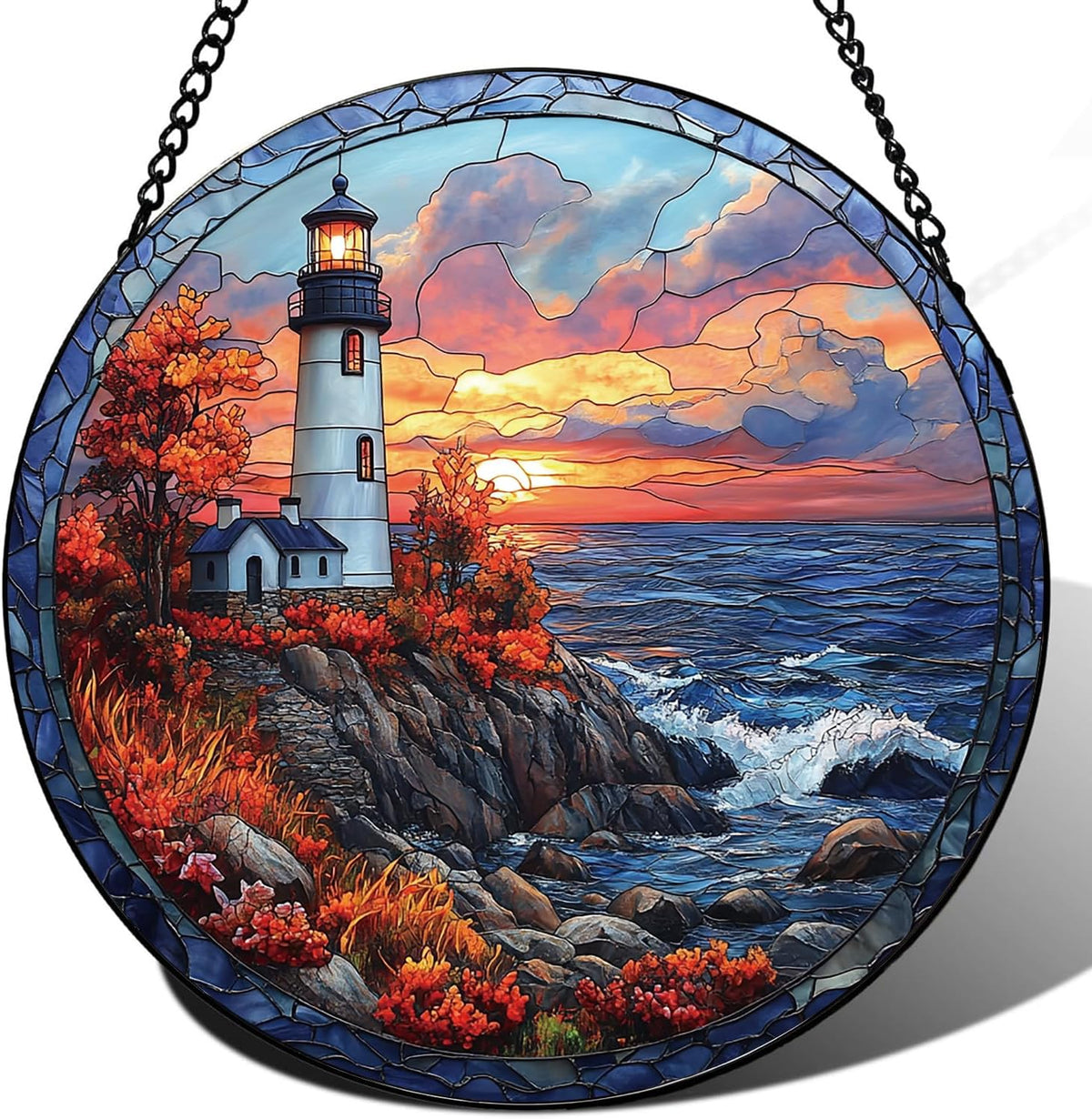Coastal Lighthouse in Autumn Suncatcher -7.9 in Stained Glass Window Hanging Sun Catcher Garden