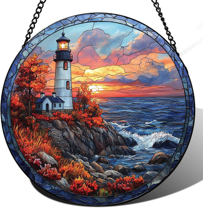 Coastal Lighthouse in Autumn Suncatcher -7.9 in Stained Glass Window Hanging Sun Catcher Garden