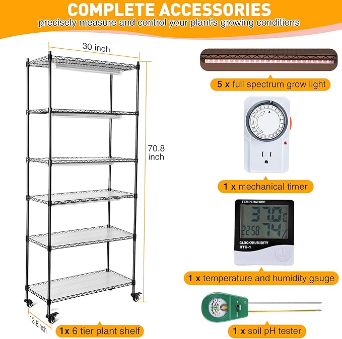 Meonum Plant Shelf with Grow Lights, 6 Tier DIY Metal Grow Rack with 90W LED Growing Lamps for Seed