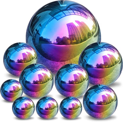 yarlung Set of 10 Stainless Steel Rainbow Gazing Balls, 50-150 mm Garden Mirror Globe Floating Pond