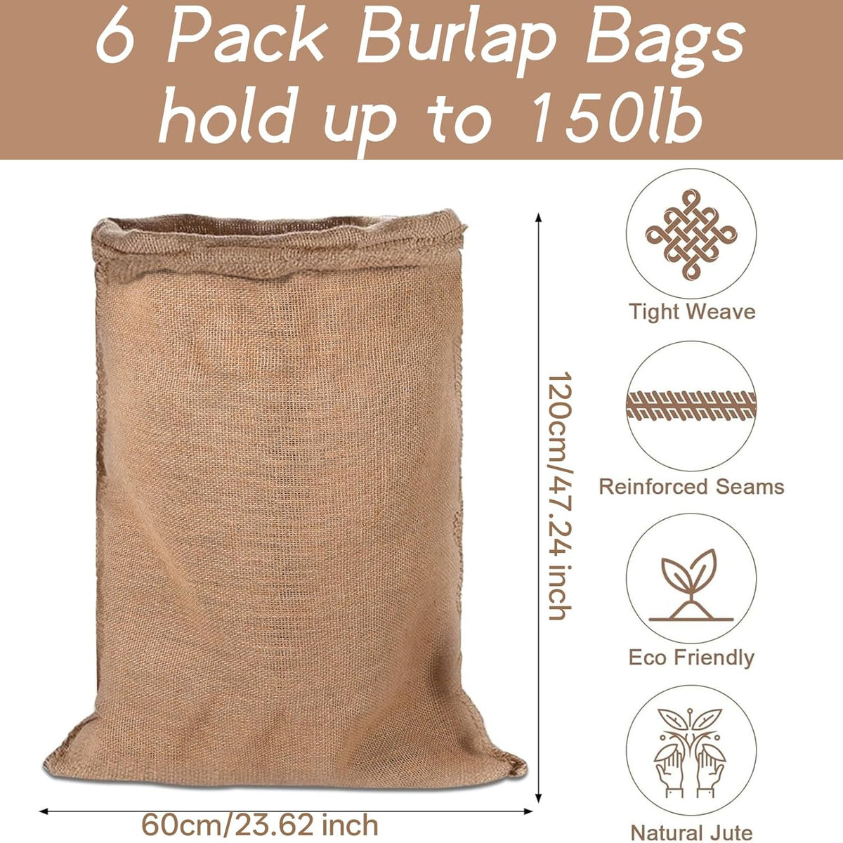 Kmise Premium Tightly Woven Burlap Potato Sack Race Bags (Pack of 6)，48"x25" Natural Jute Burlap