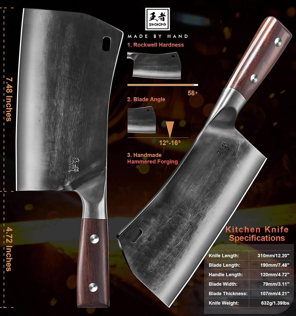 ENOKING Cleaver Knife, 7.5 Inch Hand Forged Meat Cleaver Heavy Duty Bone Chopper German High Carbon