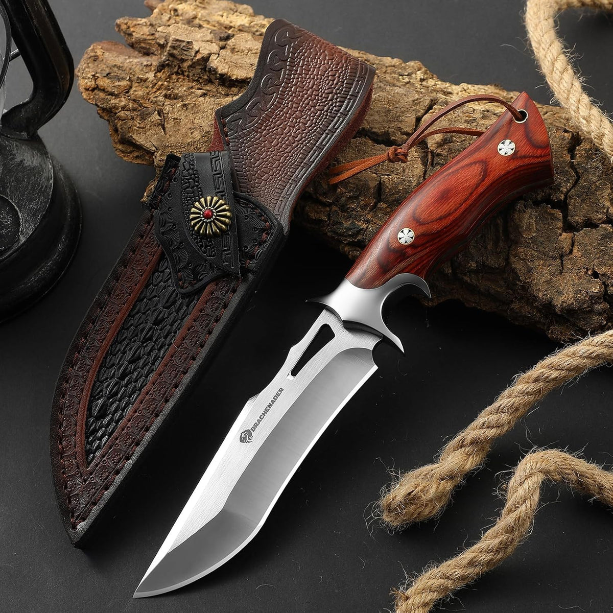 10.24" M390 Knives Hunting Knife Fixed Blade with Leather Sheath, Bushcraft Full Tang Knife