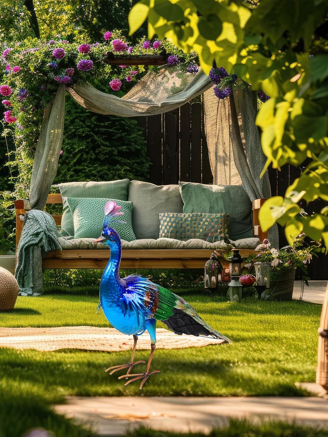 YEAHOME Garden Decor Outdoor Statues, 24.4" Large Metal Peacock Standing Yard Art, Blue Green Bird