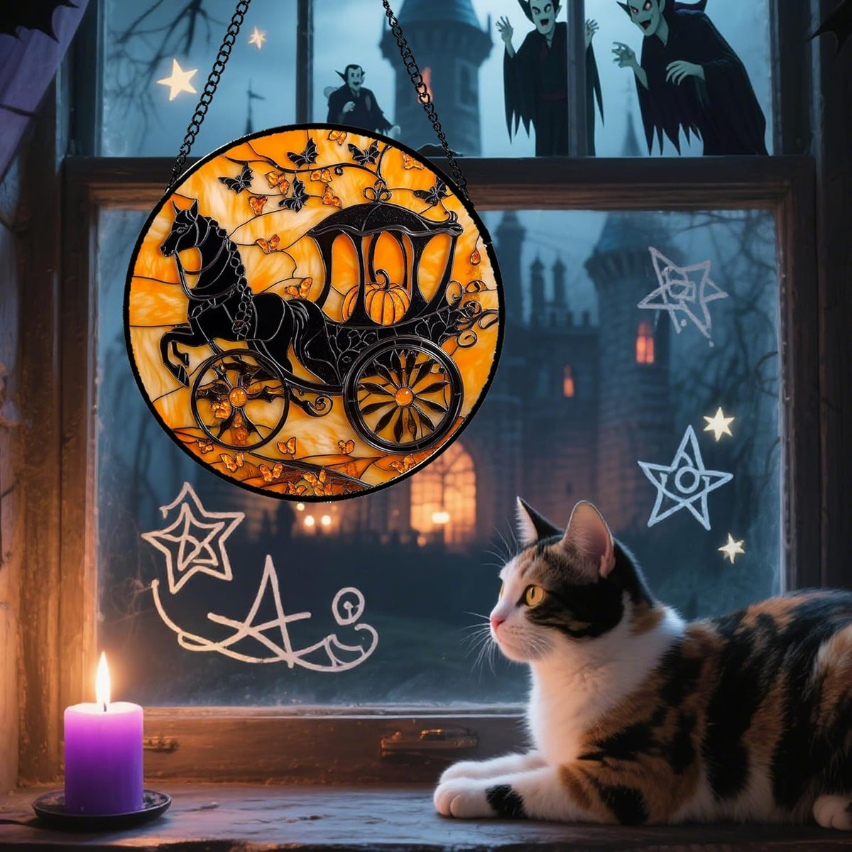Stained Glass Window Hanging - Halloween Pumpkin Carriage Suncatcher for Doors Window Garden Indoor