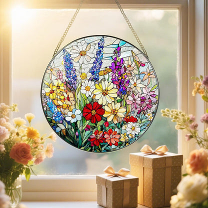 Stained Glass Window Hanging, 8 Inch Wildflower Stained Glass Suncatcher, Suncatchers for Windows
