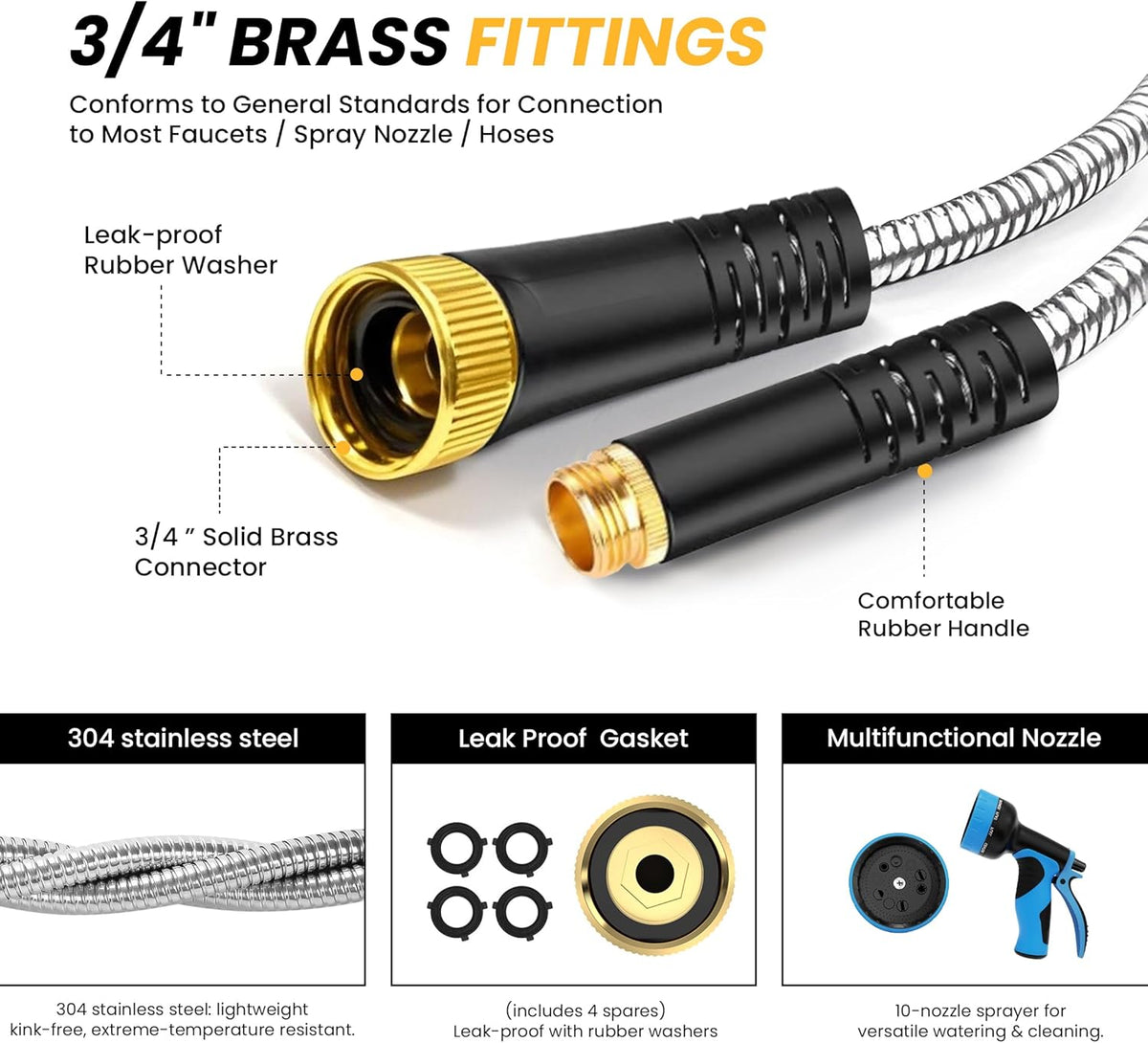 Lefree Garden Hose 75ft, Metal Garden Hose, Stainless Steel Hose with 10-Function Nozzle, Flexible