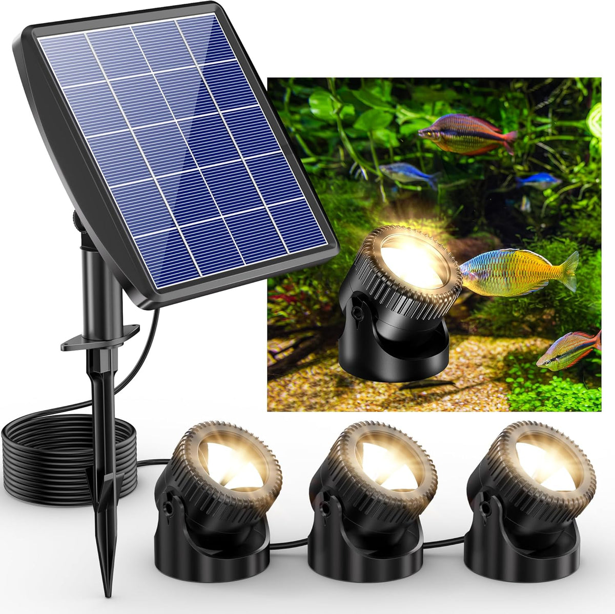 POPOSOAP Solar Pond Lights, 3-in-1 Warm White Underwater Pond Lights, IP68 Waterproof LED Landscape