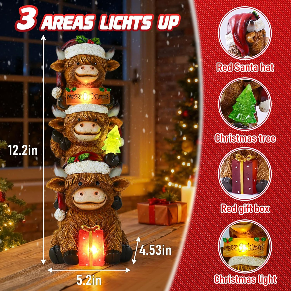 Christmas Highland Cow Decor with Solar Light Triple Highland Cow Christmas Decorations Gifts for