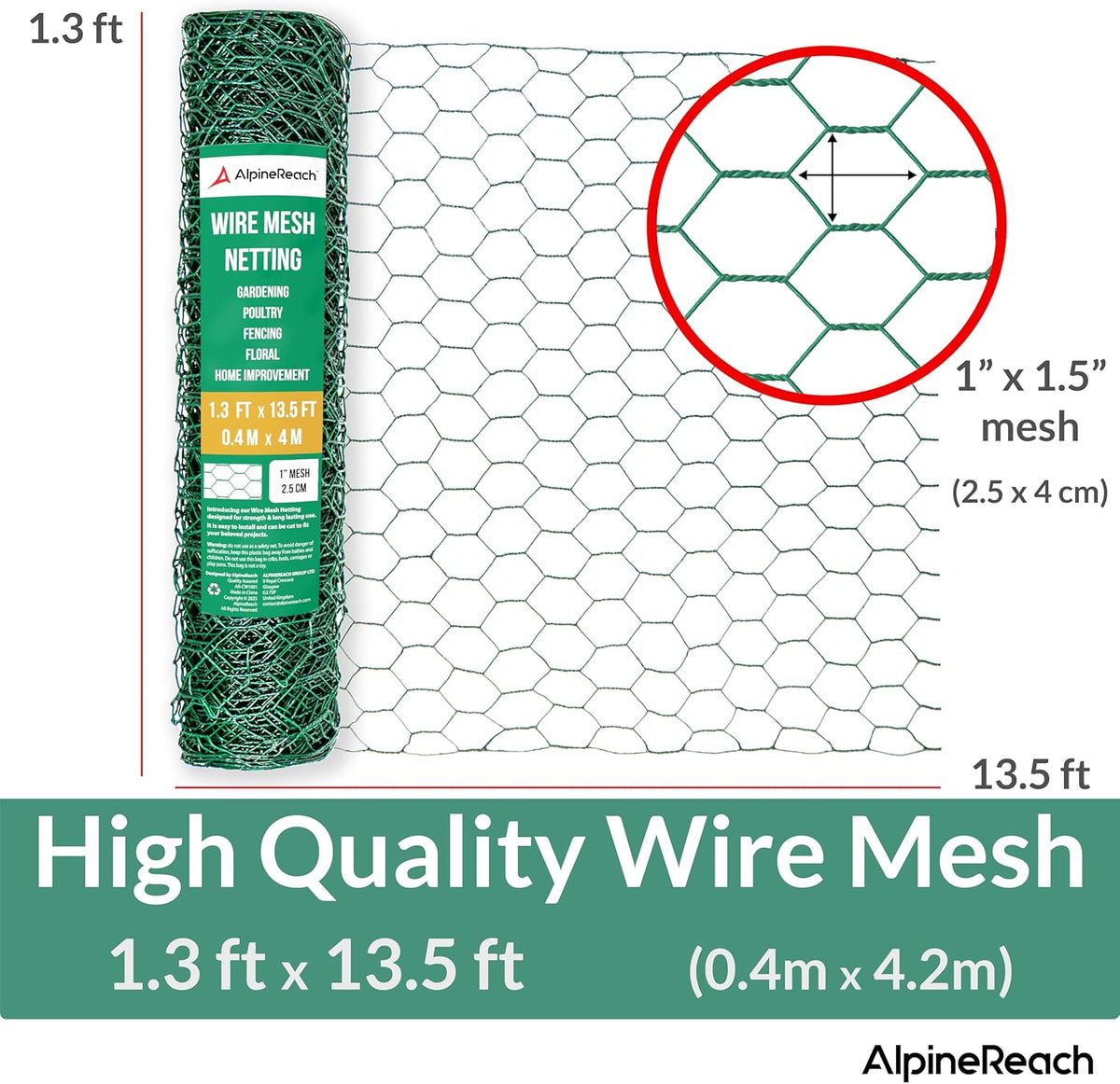 AlpineReach Chicken Wire 1.3ft x 13.5ft (15.6" x 162") for Floral Arrangements, Zip Ties - Green